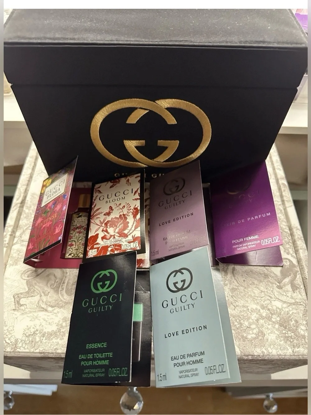 Gucci Black Gold Lined Luxury Fabric Box 🤩STUNNING🖤+6 Gucci Perfumes 1.5ml